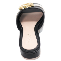 Cecelia New York MAUI Slide Sandal Black Leather Gold Embellished Flat Mule