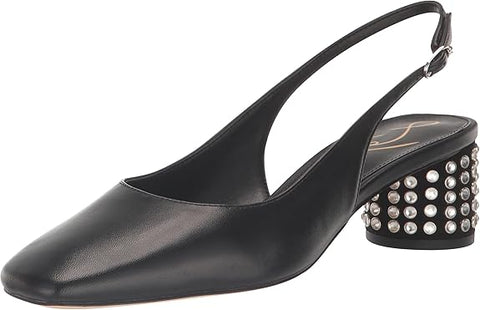 Sam Edelman Terra Black Leather Gem Slingback Strap Square Toe Block Heeled Pumps