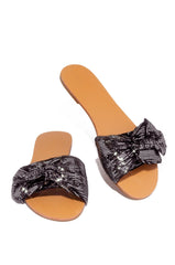Shoe Republic Kentt Feeling Hot Black Shimmer Flat open Toe Slide Mule Sandals