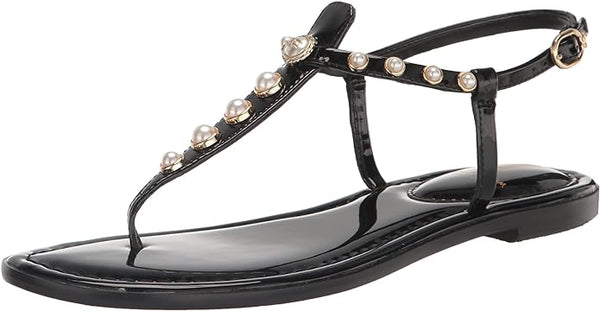 Sam Edelman Gigi Black Pearl Ankle Strap Open Toe Embellished Thong Flat Sandals