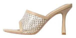 LuxeModa Koop Diamond Fishnet Square Peep Toe Stiletto Heel Slip On Slide Mule
