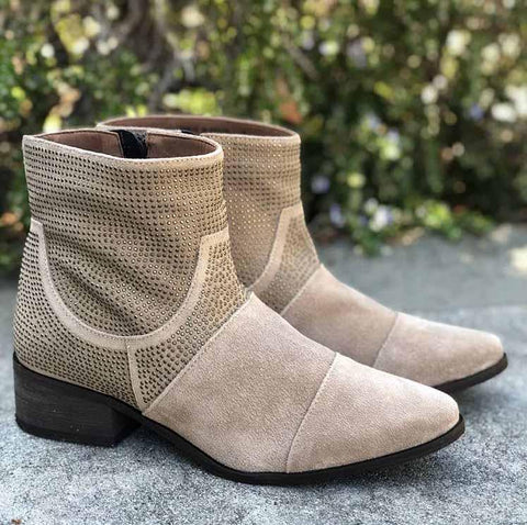 Klub Nico Women Zola Boots-Oatmeal Suede Nude Stacked Heel Chelsea Ankle Bootie