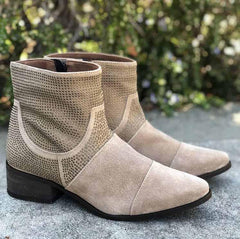 Klub Nico Women Zola Boots-Oatmeal Suede Nude Stacked Heel Chelsea Ankle Bootie