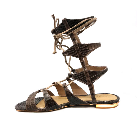 Schutz Erlina Goat Brown Croco Leather Flat Crisscross Straps Gladiator Sandals