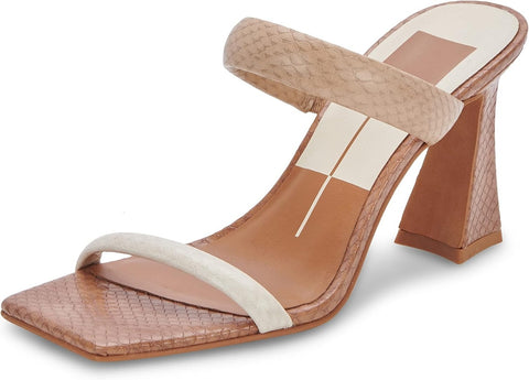 Dolce Vita Novah Taupe Multi Embossed Stella Slip On Spool Heeled Dress Sandals