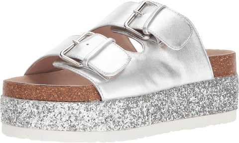Shellys London Hawaii Silver Metallic Leather Glitter Platform Slide Sandals