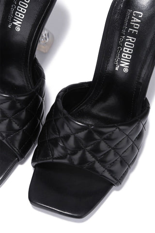 Cape Robbin Rafa Black Quilted Mule Square Open Toe Stiletto Heels Pumps Sandals