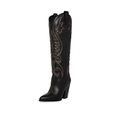 Steve Madden Lasso Black Pull On Stacked Block Heel Pointed Toe Knee High Boots