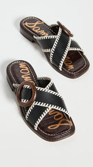 Sam Edelman Harlie Black Slip On Squared Toe Leather Strap Slides Flats Sandals