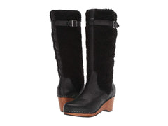 Kelsi Dagger Jagger Black Knee High Wedge Round Toe Zipper Clog Wood Heel Boot