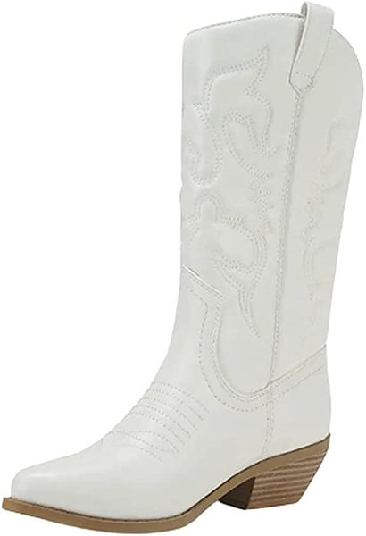 Soda Reno White/Beige Pu Western Cowboy Stitched Pointed Toe Ankle Fashion Boots