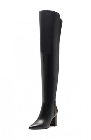Louise Et Cie Wasi Over Knee Pointy Toe Block Heel Black Leather Dress Boots