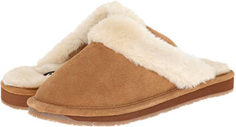 Clarks Scuff Cinnamon Slip-On Plush Fur Trim Indoor Outdoor Rounded Toe Mules