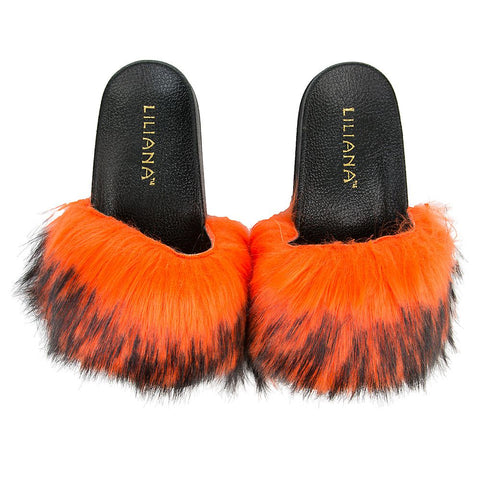 Liliana Nomi-17 Orange Luxury Fur Open Toe Pool Slide Slippers Slides Mules