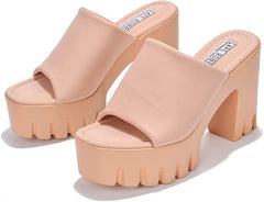 Cape Robbin Echoya Nude Slip On Block Heel Rounded Toe Fashion Heeled Sandals