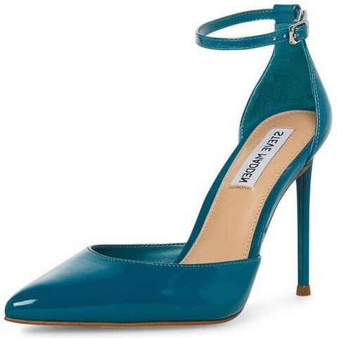 Steve Madden Valid Teal Patent Ankle Strap Pointed Toe Stiletto Heeled Pumps