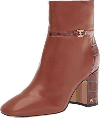 Sam Edelman Florah Cuoio Brown Squared Toe Block Heel Buckle Detail Ankle Boots