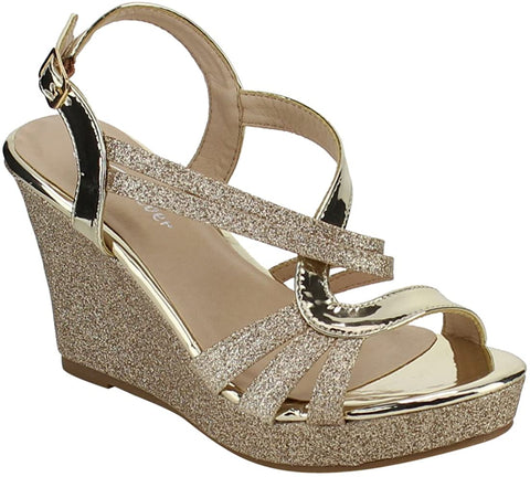 Forever Happy-09 Rose Gold Glitter Strappy Wrapped Wedge Heel Platform Sandals