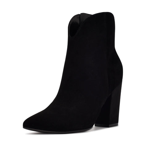 Nine West Ghost Black1 Leather Pointed Toe Block Heel V-Shaped Cutout Ankle Boot