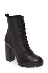 Steve Madden Lead Black Leather Booties Lace up Lug Sole Combat Ankle Boots