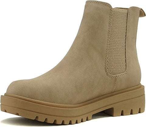 Soda Pilot Beige Pull On Round Toe Chunky Platform Block Heel Combat Ankle Boots