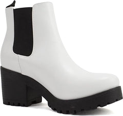 Soda Jaber White Pu Chunky Lug Sole Elastic Gore Pull On Wide Chelsea Ankle Boot