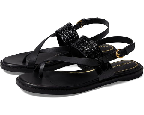 Cole Haan Anica Black Leather/Black Crocodile Print Leather Ankle Strap Sandals