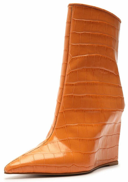 Schutz Asya Bright Tangerine Croc-Embossed Orange Pointed Toe Wedge Heel Boots
