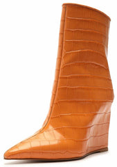 Schutz Asya Bright Tangerine Croc-Embossed Orange Pointed Toe Wedge Heel Boots