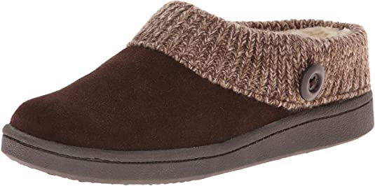 Clarks Womens Slipper Suede Leather Knitted Collar Clog Slippers - Plush Faux Fur Lining