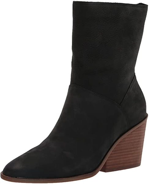 Lucky Brand Sarey Black Suede Wedge Ankle Almond Rounded Toe Block Heel Booties