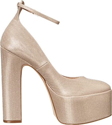 Steve Madden Skyrise Gold Glitter Block Heel Almond Toe Ankle Strap Fashion Pump