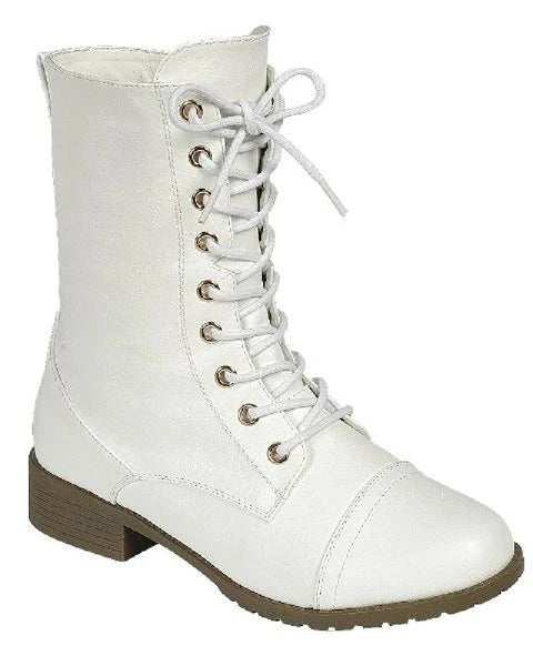 Forever Link Jalen-88 Womens Round Toe Military Lace up Knit Ankle Cuff Low Heel Combat Boots, White