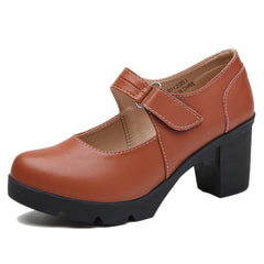 Hoxekle Mary Jane Brown Round Toe Comfort Ankle Strap Chunky Block Heel Dress Shoes 6