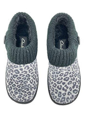 Clarks Grey Black Leopard Suede Leather Knitted Collar Plush Fur Lining Slippers