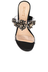 Schutz Laureen Deluxe Nappa Black Crystals Slip On Open Toe High Heel Sandals