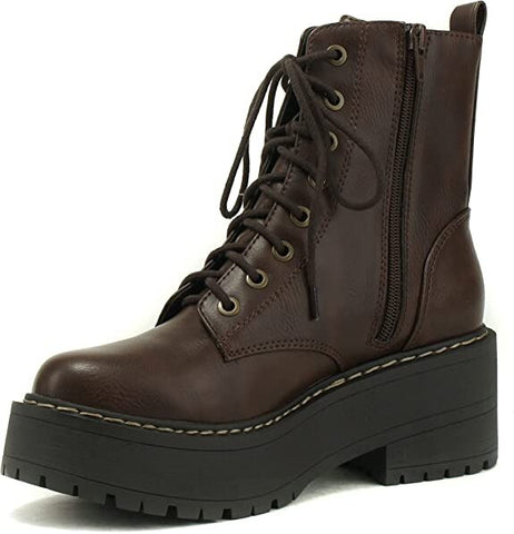 Soda Fling Brown Pu Lace Up Chunky Lug Sole Rounded Toe Wide Combat Ankle Boots