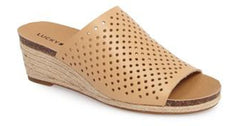 Lucky Brand Jemya Glazed Leather Perforated Open Toe Low Wedge Perforated Mule