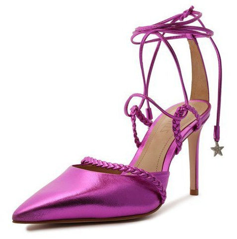 Schutz Lunah Metallic Bright Violet Lace Up Strappy High Stiletto Heel Pumps