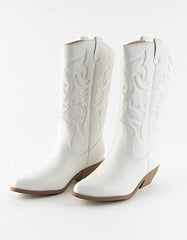 Soda Reno White/Beige Pu Western Cowboy Stitched Pointed Toe Ankle Fashion Boots