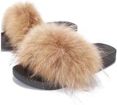 Liliana Nomi-17 Tan Luxury Real Raccon Fur Slippers Slides Flat Soles Mule (10)