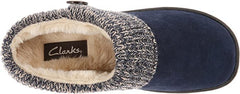 Clarks Navy Suede Leather Knitted Collar Plush Faux Fur Lining Clog Slippers