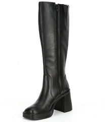 Steve Madden Fanatik Black Leather Block Heel Squared Toe Knee High Boots