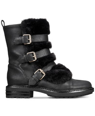 Dolce Vita Neft Lug Sole Combat Moto Boot Black Vegan Buckle Moto Ankle Booties