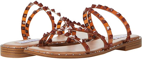 Steve Madden Skyler Cognac Leather Embellished Strappy Slip On Open Toe Sandals