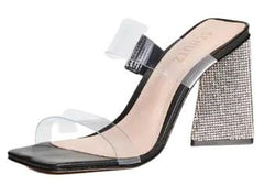 Schutz Ariellen Black Open Toe Translucent Strap Triangle High Block Heel Sandal