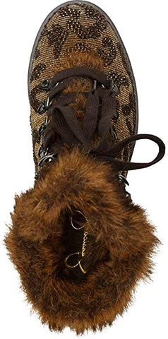 Jessica Simpson Norina Bronze Leopard Multi Fur Lined Combat Lace Up Booties