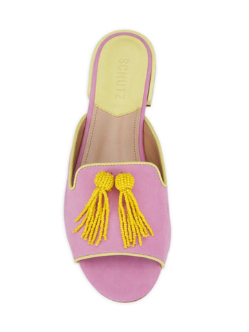 Schutz Jannis Flat Pink Open Toe Slip On Embellished Tassel Upper Flat Sandals