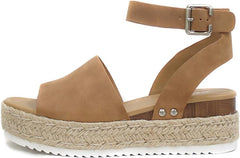 Soda Topic Tan Espadrilles Ankle Strap Studded Open Toe Wedge Heeled Sandals