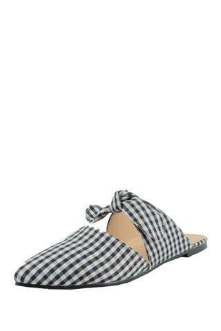Chase & Chloe Fione Black White Plaid Pointed Knotted Slip On Flats Mules Slides